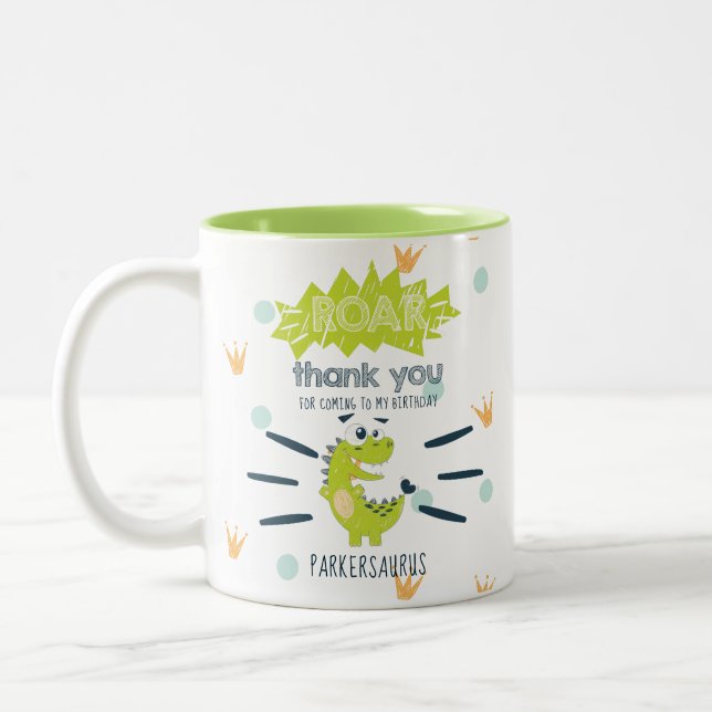 ROAR Green Dinosaur Birthday Favour Personalized Two-Tone Coffee Mug (Left)