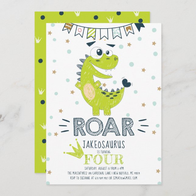 ROAR Green Dinosaur Birthday Invitation (Front/Back)