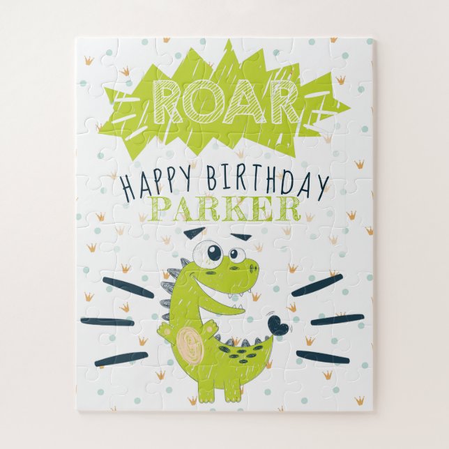 ROAR Green Dinosaur Happy Birthday personalized Jigsaw Puzzle (Vertical)
