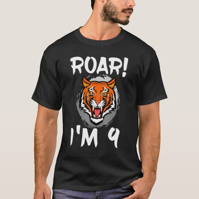 Roar I'm 9 Tiger Animal Themed Birthday Party Cele T-Shirt (Front)