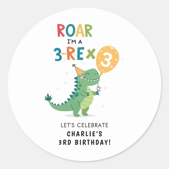 Roar I'm a 3-Rex Kids Third Birthday Party  Classic Round Sticker (Front)