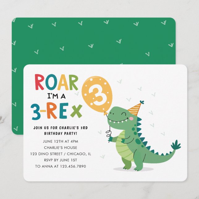 Roar I'm a 3-Rex Kids Third Birthday Party Invitation (Front/Back)