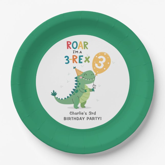 Roar I'm a 3-Rex Kids Third Birthday Party Paper Plate (Front)