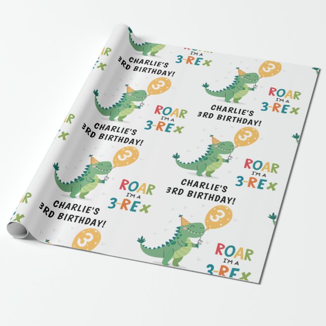 Roar I'm a 3-Rex Kids Third Birthday Party Wrapping Paper (Unrolled)