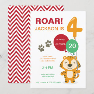 Roar I'm Four Tiger CIrcus Zoo Fourth Birthday Invitation