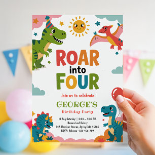 Roar Into Four Boy Dinosaur 4th Birthday Invitation