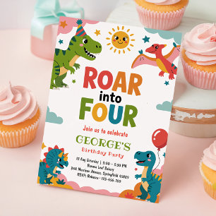 Roar Into Four Cute Dinosaurs 4th Birthday Party Invitation