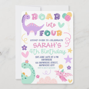 Roar Into Four Dinosaur Birthday Party Invitation