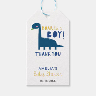 Roar it's a boy cute dinosaur baby shower blue gift tags