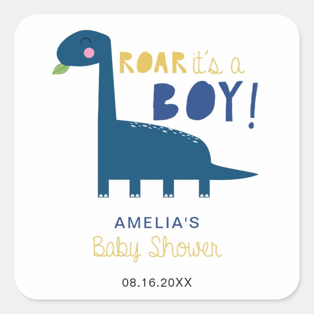 Roar it's a boy cute dinosaur baby shower simple square sticker (Front)