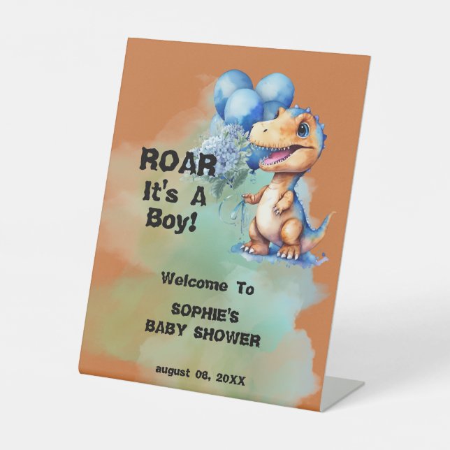 Roar Its A Boy T-Rex Dinosaur Baby Shower Pedestal Sign (Front)