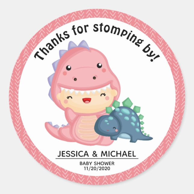 Roar It's A Dinosaur Girl Baby Shower Classic Round Sticker (Front)