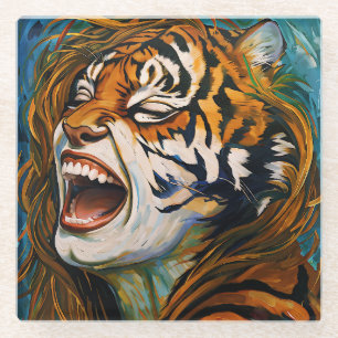 Roar of the Wild Heart – Colourful Tigress Glass Coaster