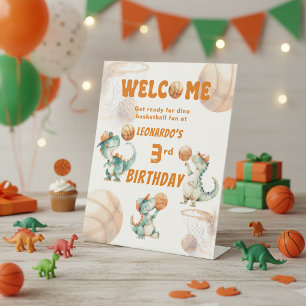 Roar & Score Basketball Dino Boy Birthday Welcome Pedestal Sign