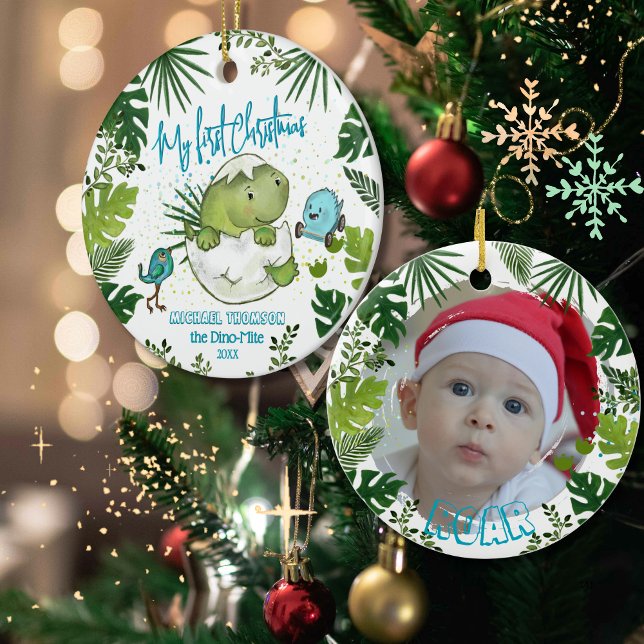 ROAR-some Baby's First Christmas Photo  Ceramic Ornament (ROAR-some Baby's First Christmas Photo Ceramic Ornament)