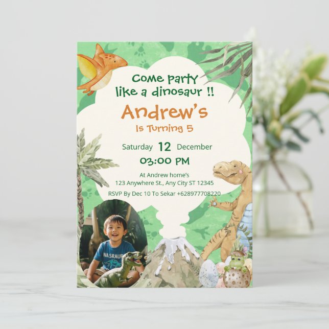 Roar-some Dino Volcano 5th Birthday Invitation (Debout devant)