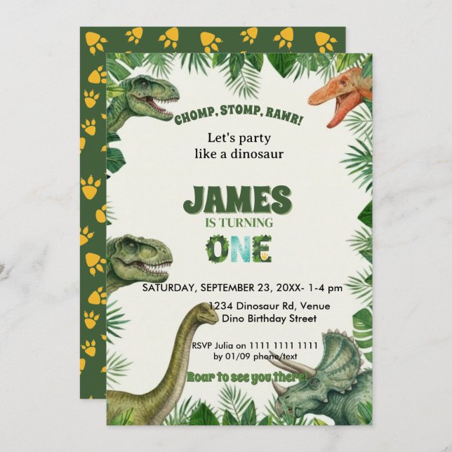 Roar-some Dinosaur 1st Birthday Invitation (Devant / Derrière)