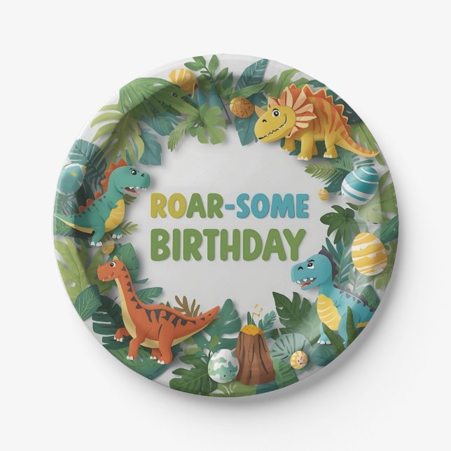Roar-some Dinosaur Birthday Party Paper Plate (Front)