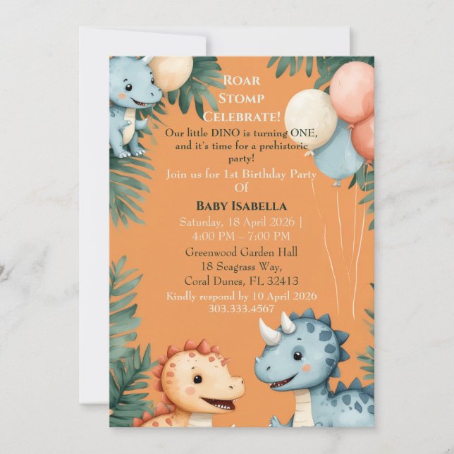 Roar Stomp Orange Little Dino Turning One Birthday Invitation (Front)