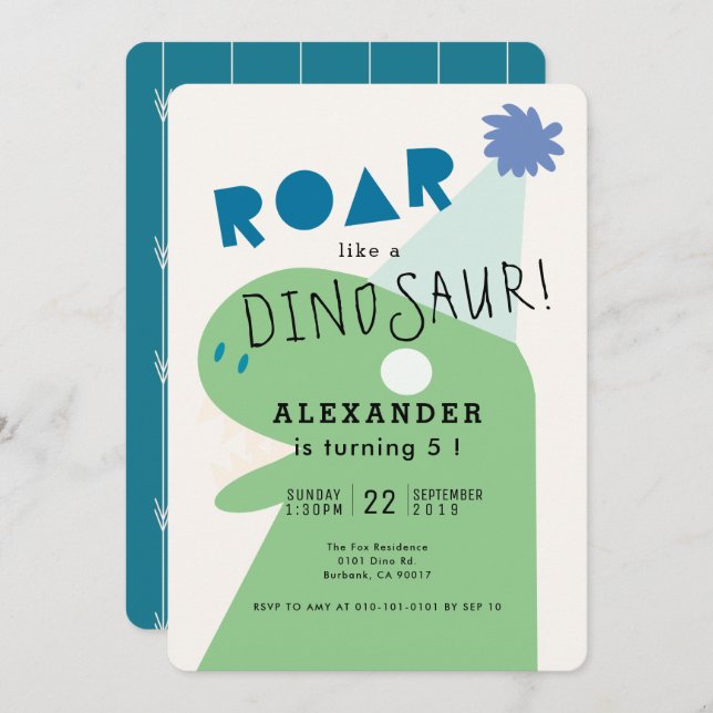 ROAR T-Rex Dinosaur Navy Blue Boy's Birthday Invitation (Front/Back)