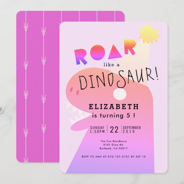 ROAR T-Rex Dinosaur Neon Pink Girl's Birthday Invitation (Front/Back)