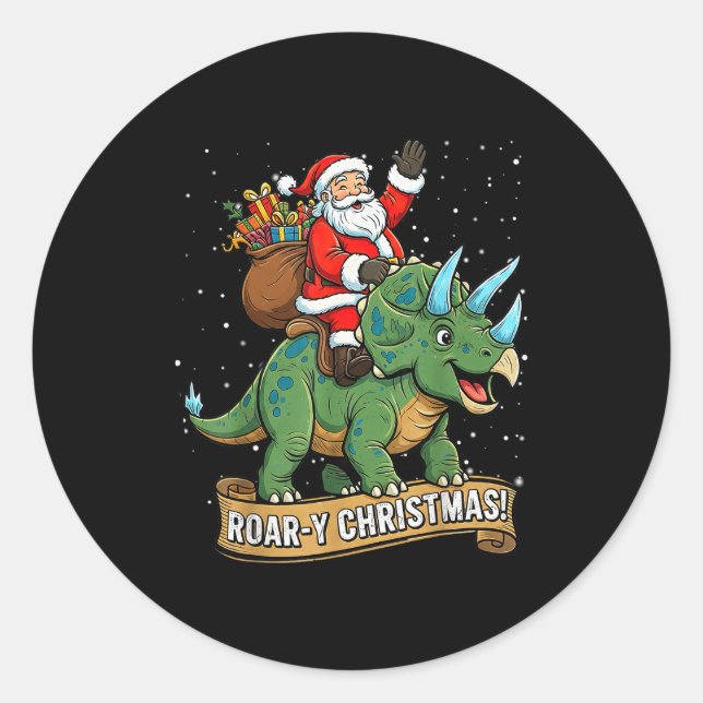 Roar-y Christmas Funny Santa Riding Dinosaur Trice Classic Round Sticker (Front)