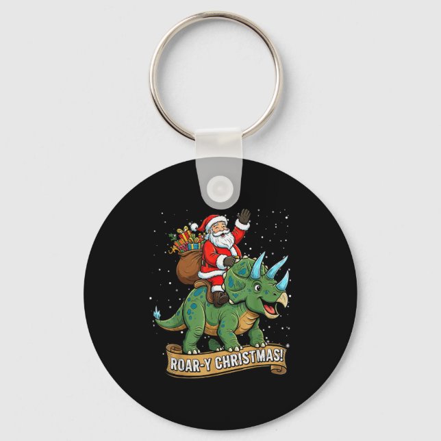 Roar-y Christmas Funny Santa Riding Dinosaur Trice Keychain (Front)
