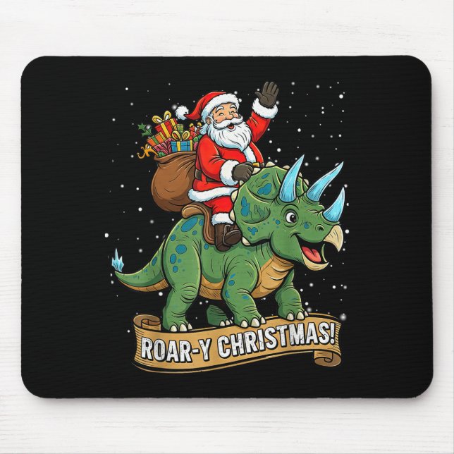 Roar-y Christmas Funny Santa Riding Dinosaur Trice Mouse Pad (Front)