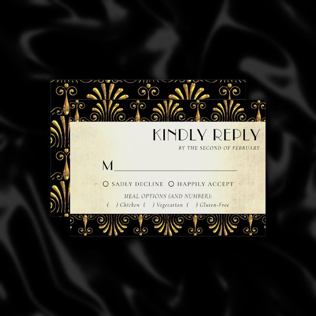 Roarin 20s Decadence | Gold Black Art Deco Entree RSVP Card (Creator Uploaded)