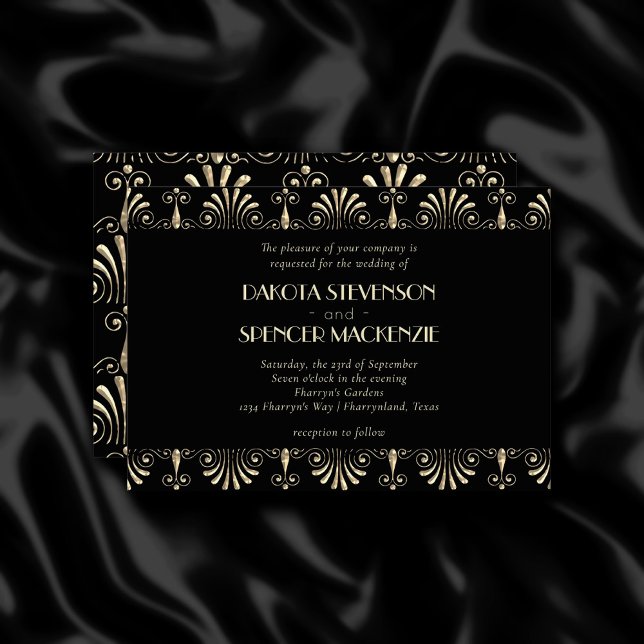 Roarin 20s  Sepia Gold and Black Art Deco Wedding Invitation (Creator Uploaded)