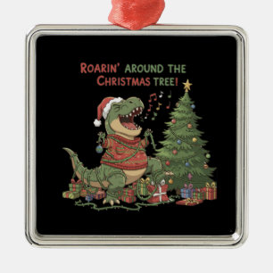 Roarin' Around The Christmas Tree Funny T-Rex Metal Ornament