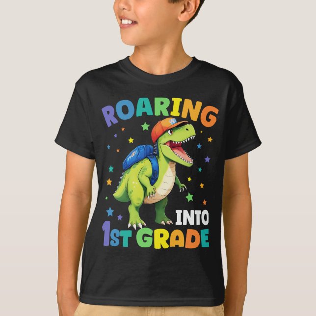 Roaring 1st Grade Dinosaur T Rex Back To School T-Shirt (Front)