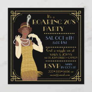 Roaring 20's African American Flapper Gold & Black Invitation