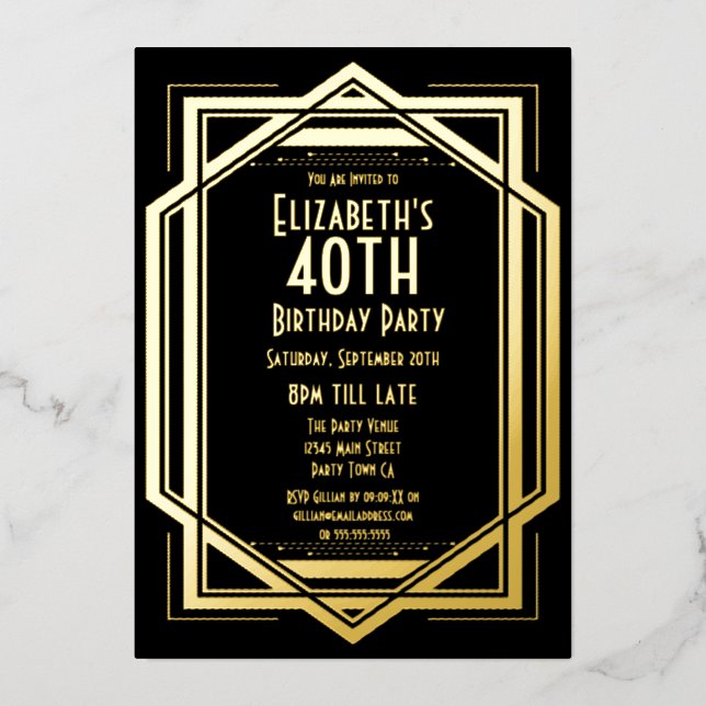 Roaring 20s Art Deco Black | Gold 40th Birthday In (Front)