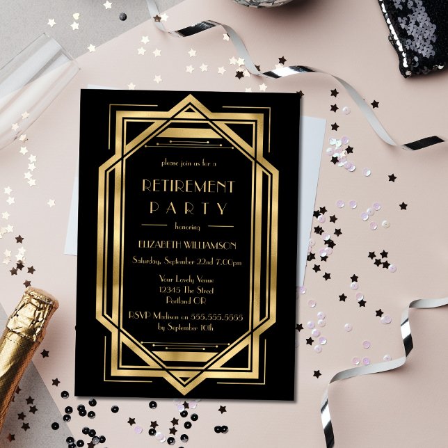 Roaring 20s Art Deco Black | Gold Retirement Party Invitation (Creator Uploaded)