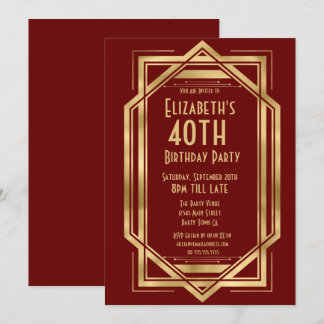 Roaring 20s Art Deco Burgundy | Gold 40th Invitation