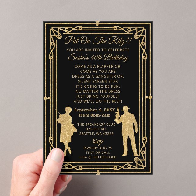 Roaring 20s art deco flapper girl and gangster acrylic invitations (Insitu (Handheld))