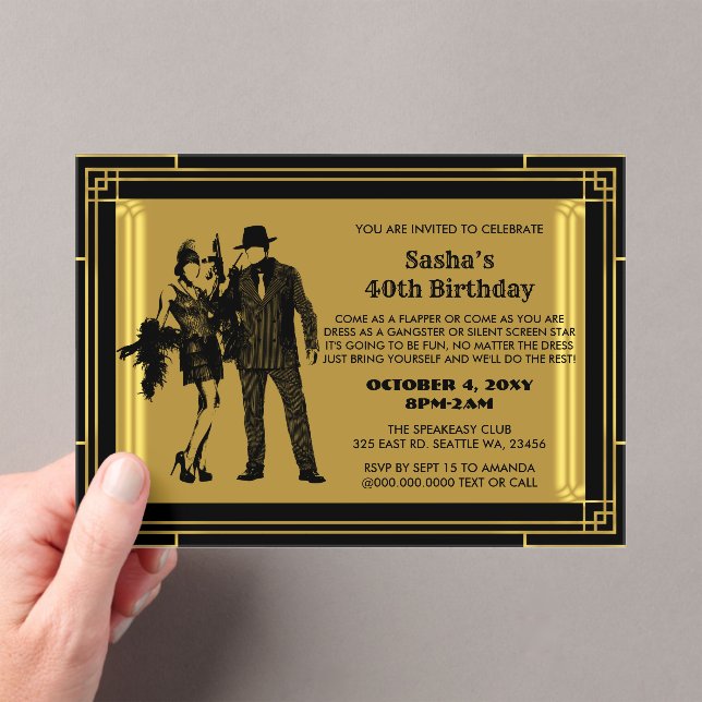 Roaring 20s art deco flapper girl and gangster acrylic invitations (Insitu (Handheld))