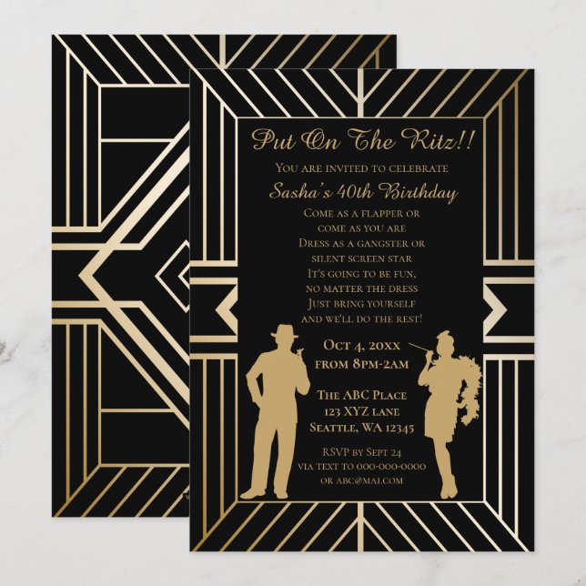 Roaring 20s art deco flapper girl and gangster invitation (Front/Back)