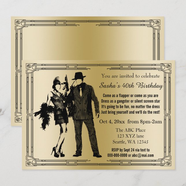 Roaring 20s art deco flapper girl and gangster invitation (Front/Back)