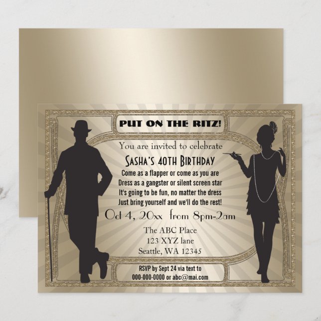 Roaring 20s art deco flapper girl and gangster invitation (Front/Back)