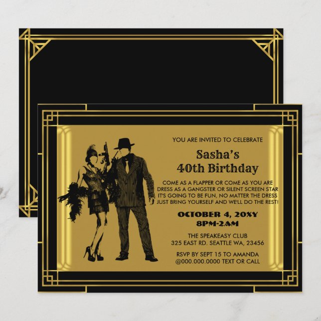 Roaring 20s art deco flapper girl and gangster invitation (Front/Back)