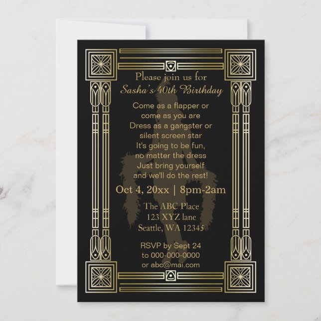Roaring 20s art deco flapper girl invitation (Front)