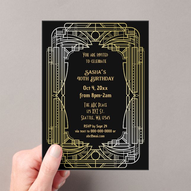 Roaring 20s art deco great gatsby birthday acrylic invitations (Insitu (Handheld))