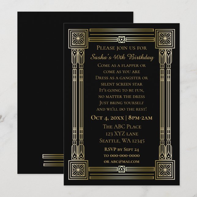 Roaring 20s art deco great gatsby invitation (Front/Back)