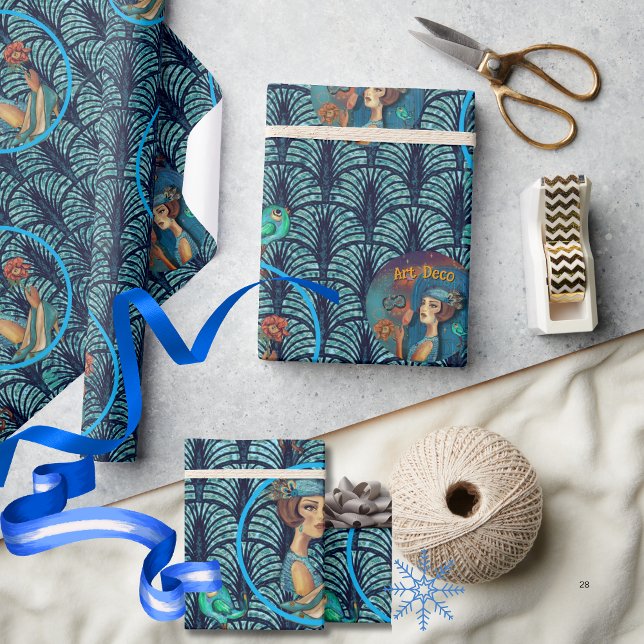 Roaring 20's Art Deco Lady in Blue Wrapping Paper (Roaring 20's Art Deco Lady in Blue Wrapping Paper)