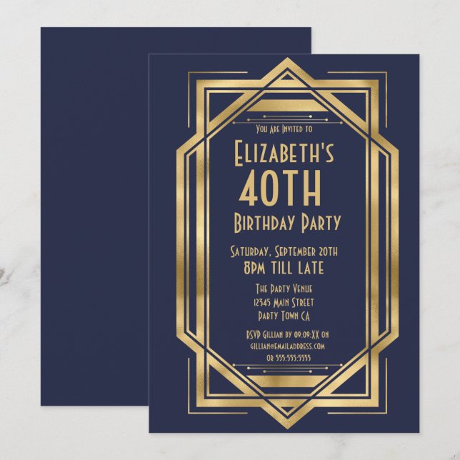 Roaring 20s Art Deco Navy Blue | Gold 40th  Invitation (Front/Back)