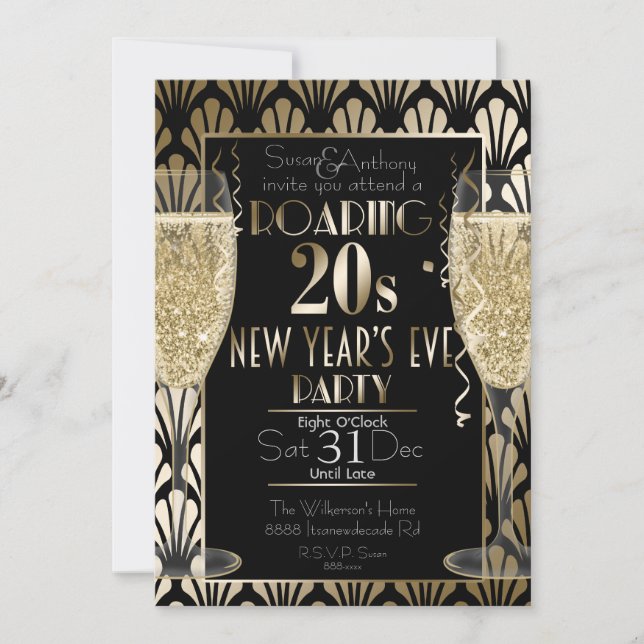 Roaring 20s Art Deco New Year's Champagne Glasses Invitation (Front)