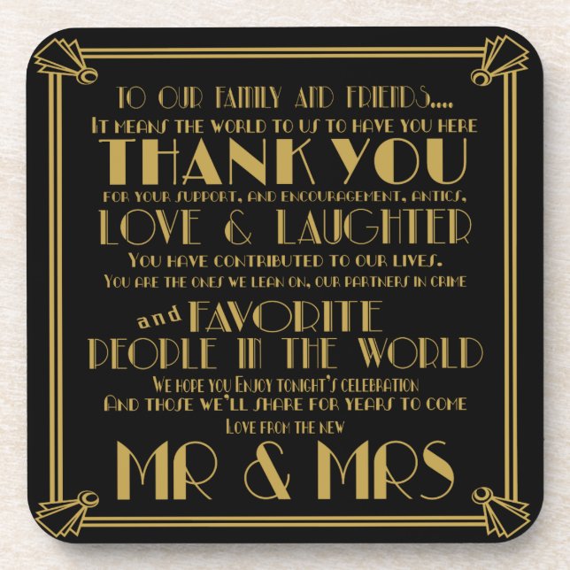 Roaring 20's Art Deco wedding thank you Coasters (Front)