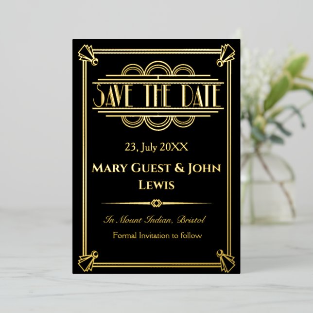 Roaring 20's Black and Gold Art Deco Save the Date (Standing Front)